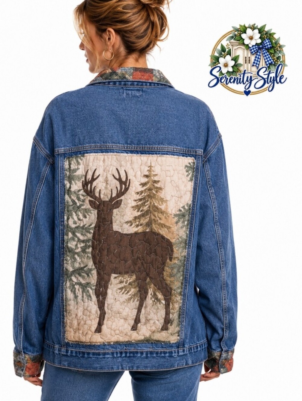 Cimuk XL Denim Jacket Handmade Upcycled Deer Patch Plaid Trim Cottagecore